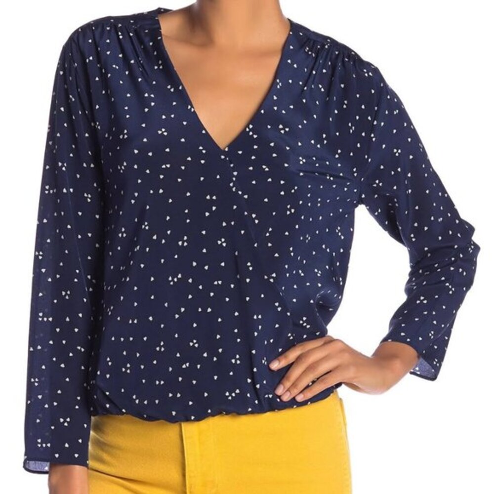 Madewell 100% Silk Heart Print Faux Wrap Blouse M Navy Blue/White